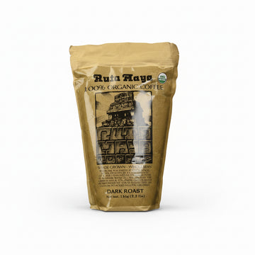 Ruta Maya Coffee packaging with 100% organic label, showcasing organic dark roast coffee from Chiapas, Mexico.