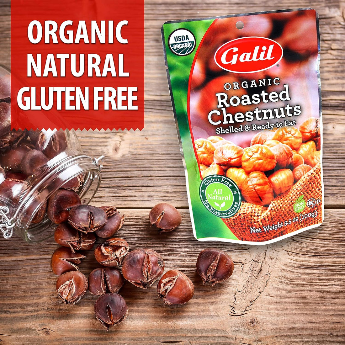Galil organic roasted chestnuts snack in package, showcasing gluten-free, all-natural ingredients ready to eat.