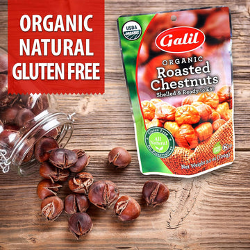 Galil organic roasted chestnuts snack in package, showcasing gluten-free, all-natural ingredients ready to eat.