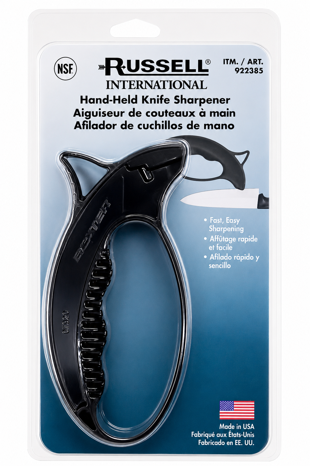 Handheld Knife Sharpener Tungsten Carbide by Russell 7320 in packaging for quick and easy knife sharpening.