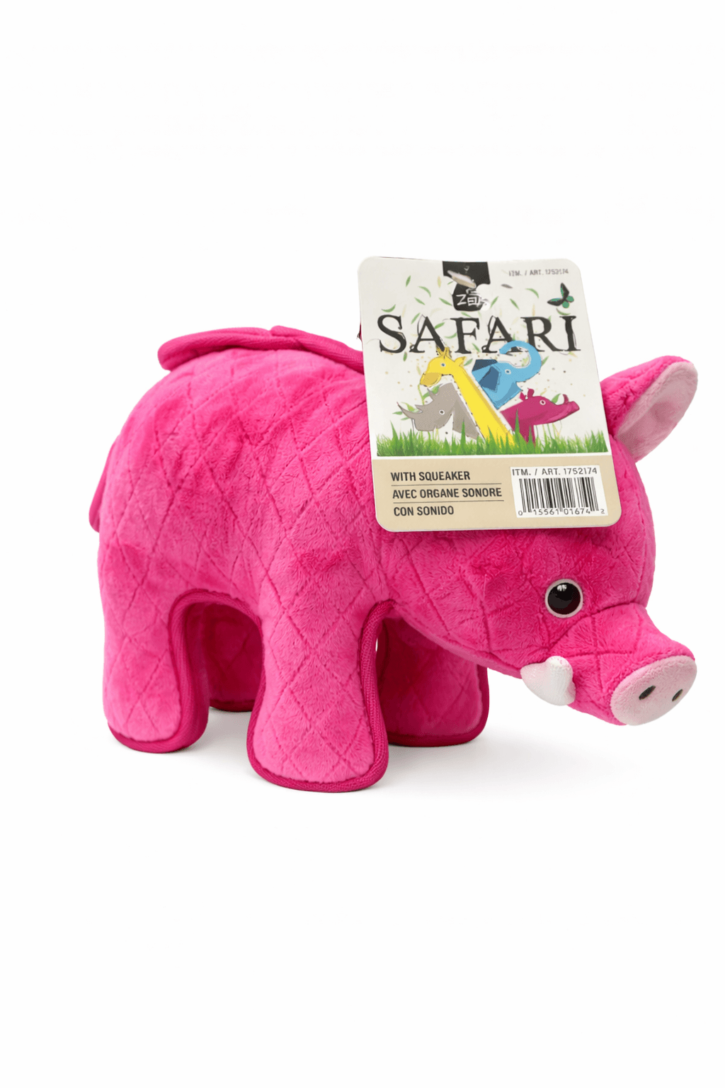 SAFARI Tough Dog Plush Toy in the shape of a pink pig, a durable dog plush toy with a squeaker.