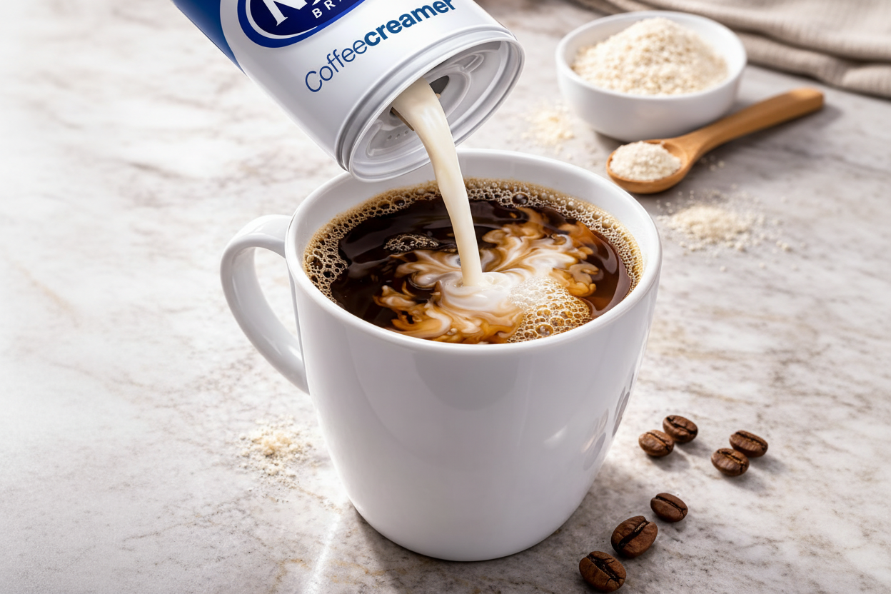 N'JOY non-dairy coffee creamer being poured into a cup of coffee, highlighting smooth, rich flavor.