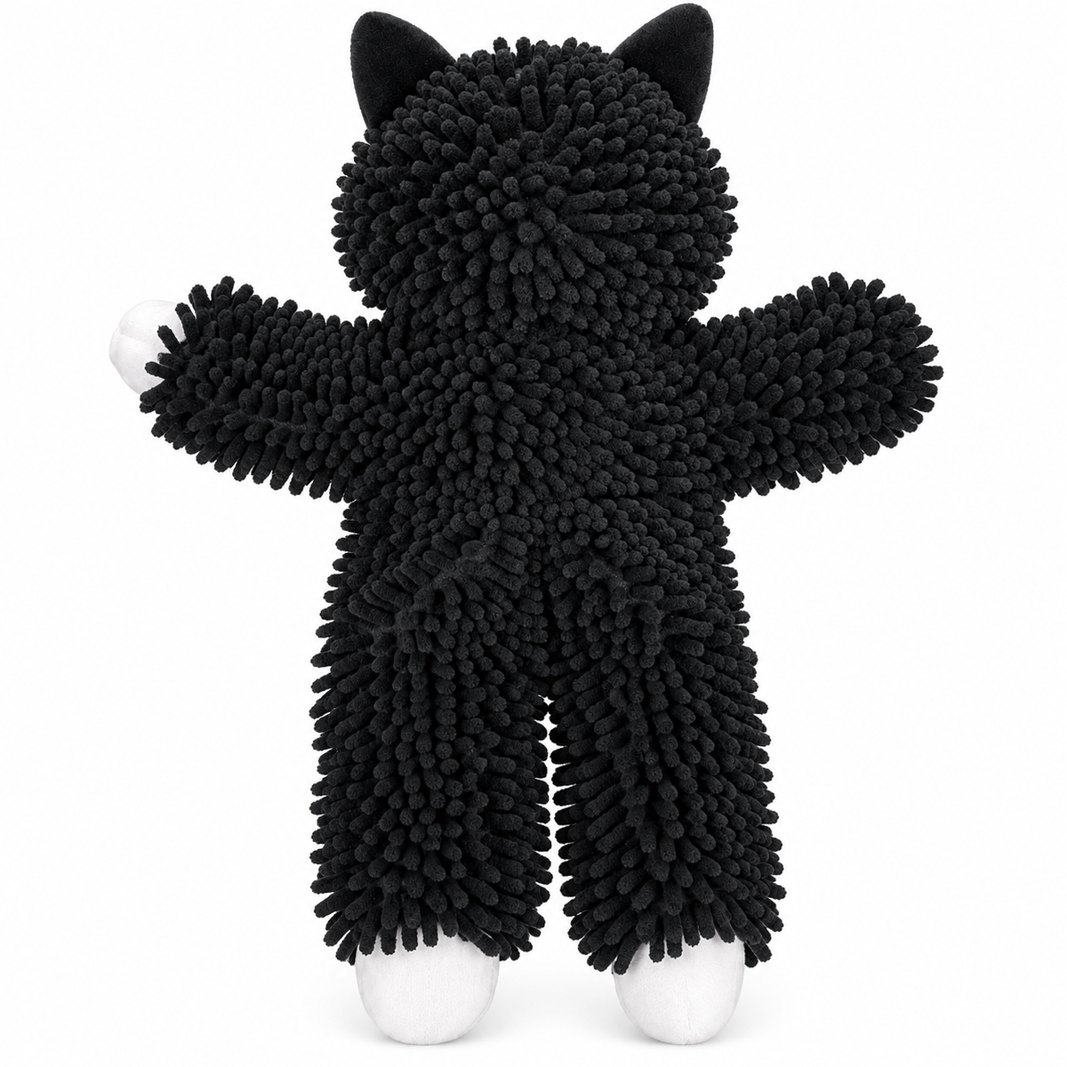 Durable Plush Dog Toy 17 Inch with Rope & Squeakers, black plush toy with textured surface and cat ears, back view.