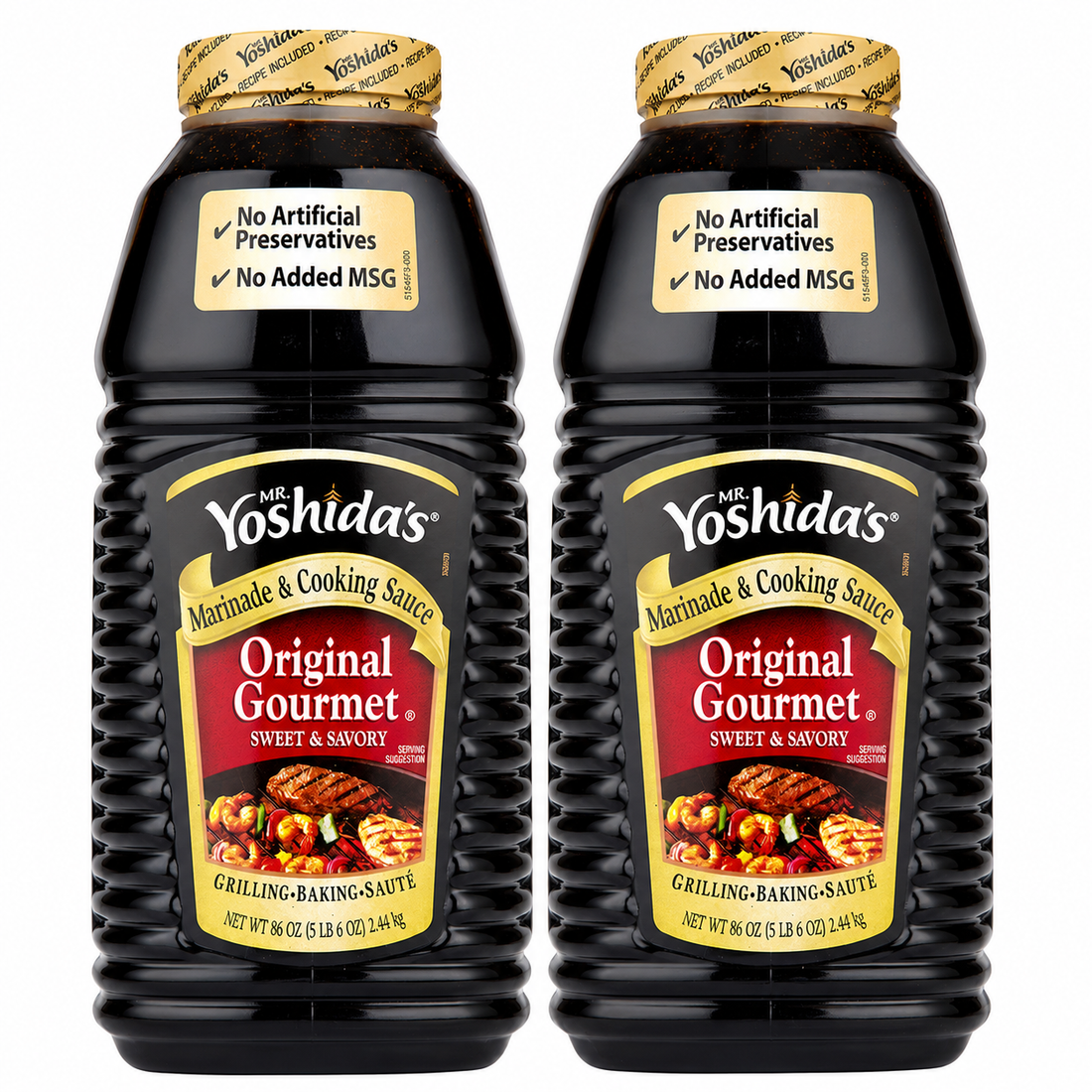 Mr. Yoshida's gourmet cooking sauce 86 oz bottles, featuring sweet and savory flavors, no preservatives or MSG.