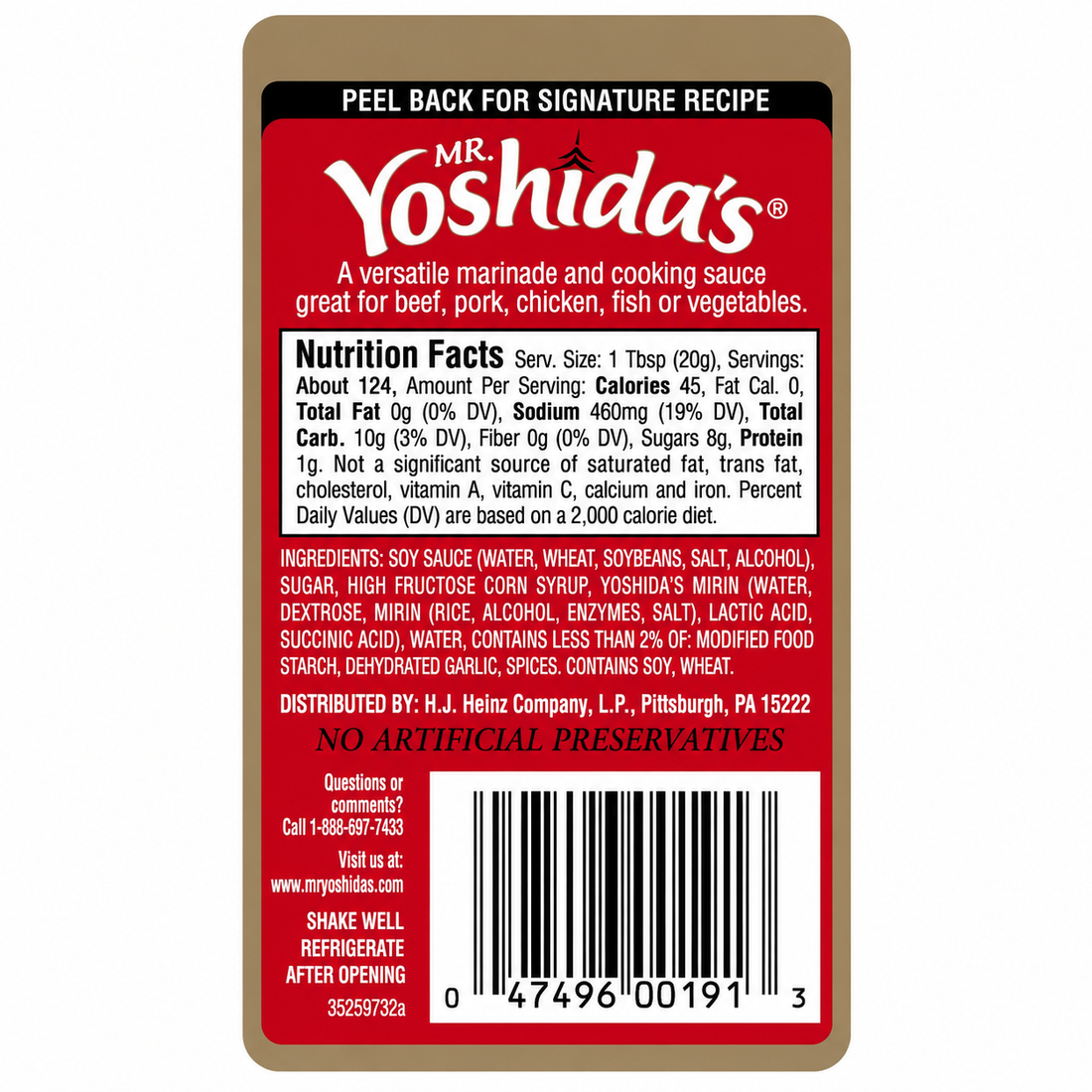 Mr. Yoshida's gourmet cooking sauce 86 oz bottles, featuring sweet and savory flavors, no preservatives or MSG.