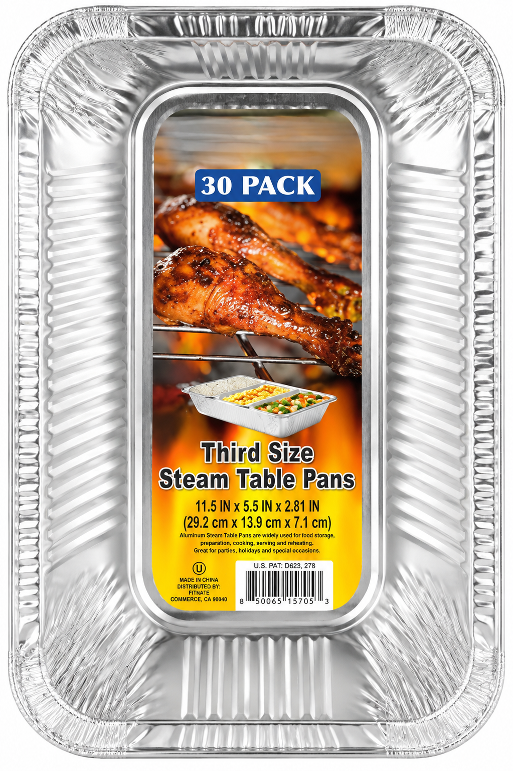 Heavy Duty Aluminum Steam Table Pans 30-Pack Third Size displayed with grilled chicken in a disposable tray.
