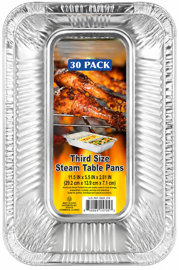 Heavy Duty Aluminum Steam Table Pans 30-Pack Third Size displayed with grilled chicken in a disposable tray.