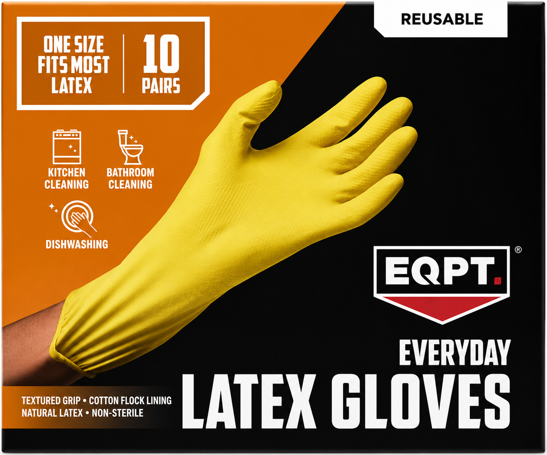 Reusable latex cleaning gloves in yellow packaging, ideal for kitchen and bathroom cleaning, 10 pairs included.