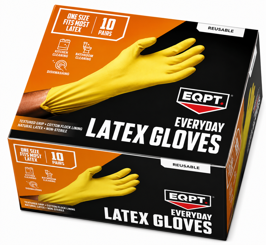 Reusable latex cleaning gloves in yellow packaging, ideal for kitchen and bathroom cleaning, 10 pairs included.
