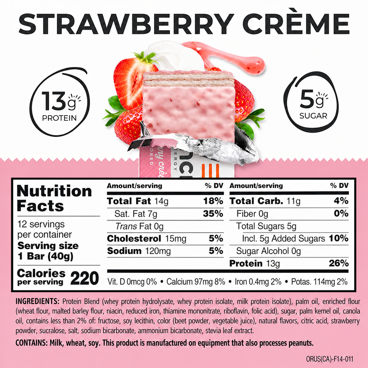 Nutritional information for Strawberry Protein Energy Wafer Bars, highlighting 13g protein and 5g sugar per bar.