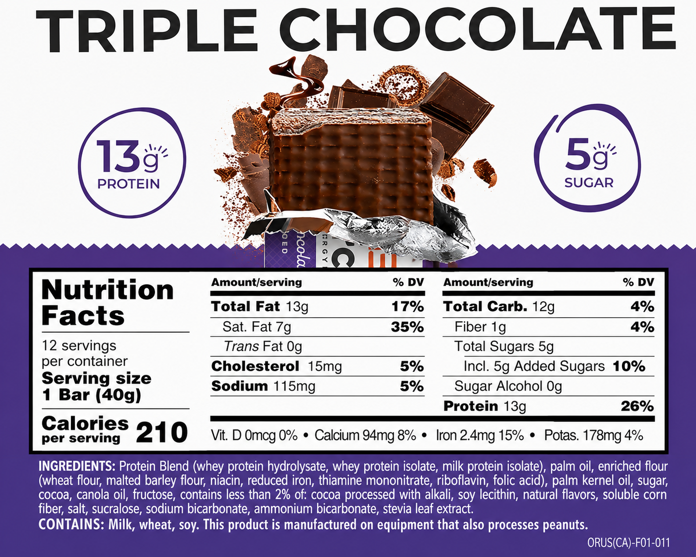 Nutrition facts label for Triple Chocolate Protein Wafer Bars showing protein content and calories.