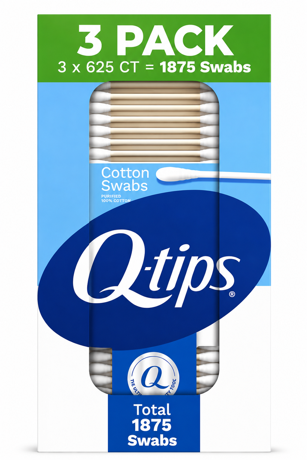 Q-tips cotton swabs 1875 count pack featuring 3 packs of soft, 100% cotton swabs for personal care and cleaning.