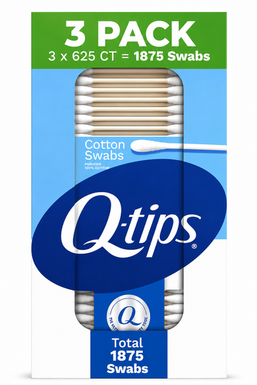 Q-tips cotton swabs 1875 count pack featuring 3 packs of soft, 100% cotton swabs for personal care and cleaning.
