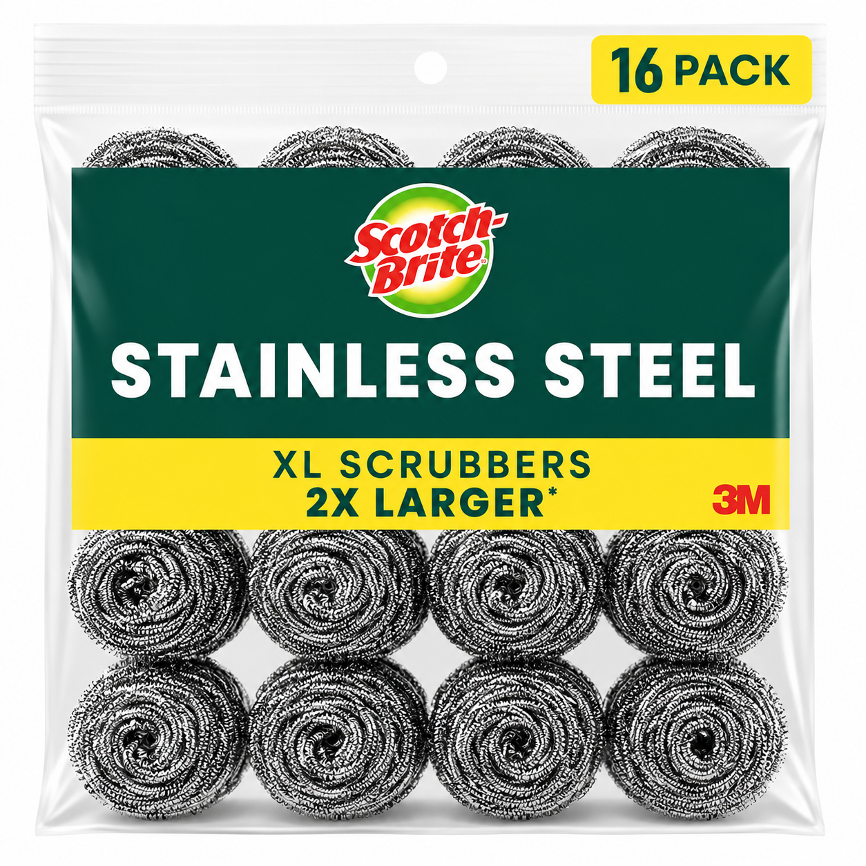 Heavy Duty Stainless Steel Scrubbers by Scotch-Brite 16 pack for tough cleaning tasks.