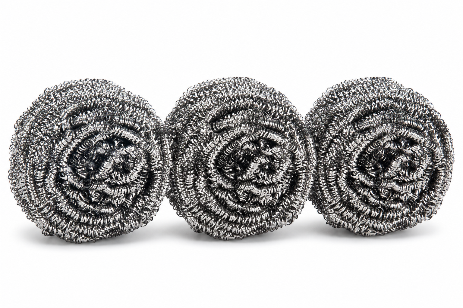 Three heavy duty stainless steel scrubbers stacked together on a white background.