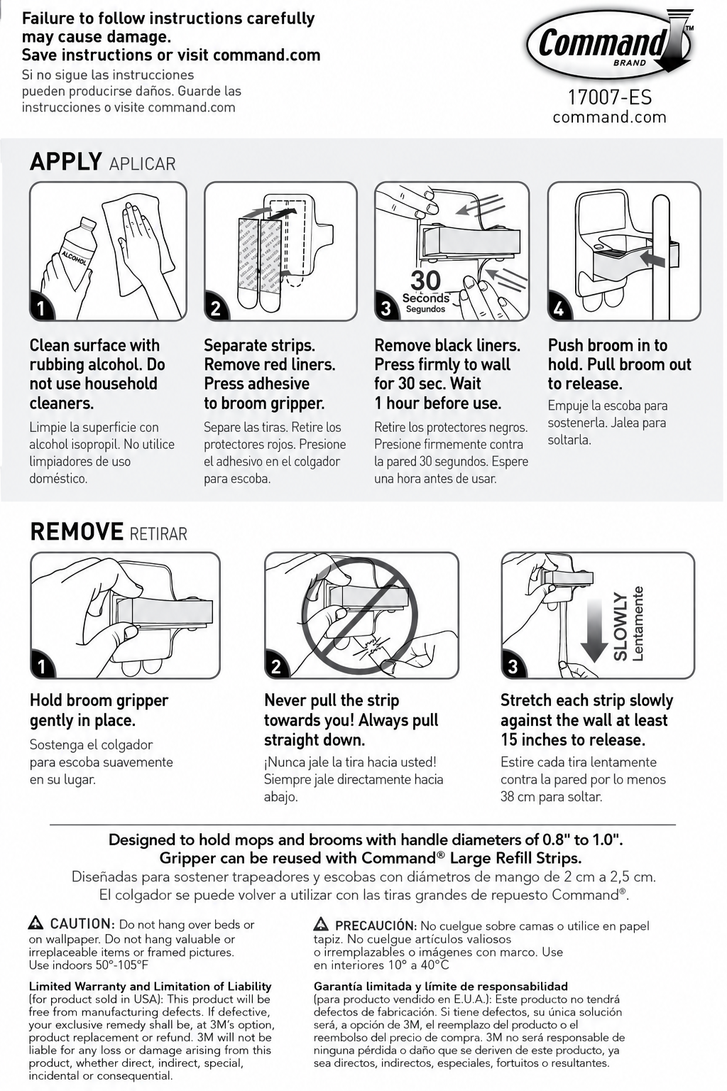 Instruction manual for Damage-Free Broom Holder by Command, detailing application and removal steps.