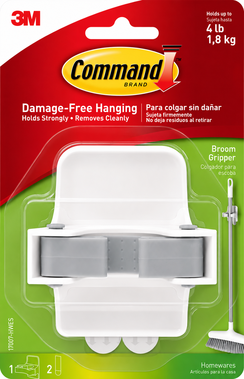 Damage-Free Broom Holder by Command for easy storage of brooms, mops, and cleaning tools without wall damage.
