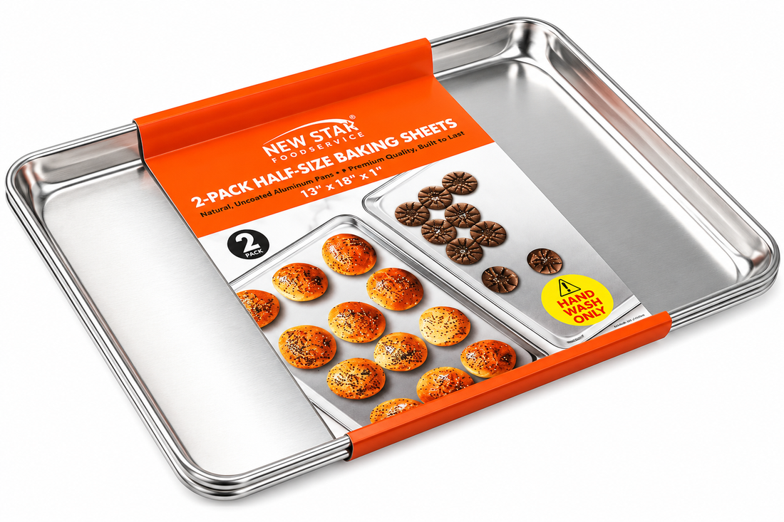 New Star Foodservice full-size aluminum sheet pan 2-pack for baking and cooking, 13 x 18 inches.