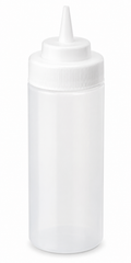 Wide Mouth Squeeze Bottles 6 Pack | Winco 16 oz BPA-Free clear plastic squeeze bottle with a nozzle.