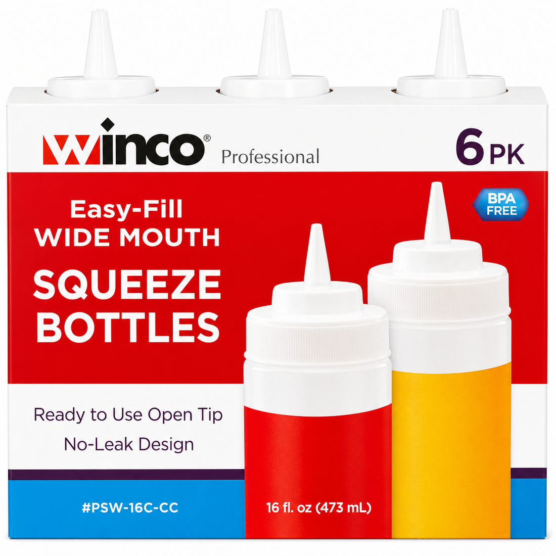 Wide Mouth Squeeze Bottles 6 Pack by Winco, 16 oz BPA-Free, automatic no-leak design for easy condiment dispensing.