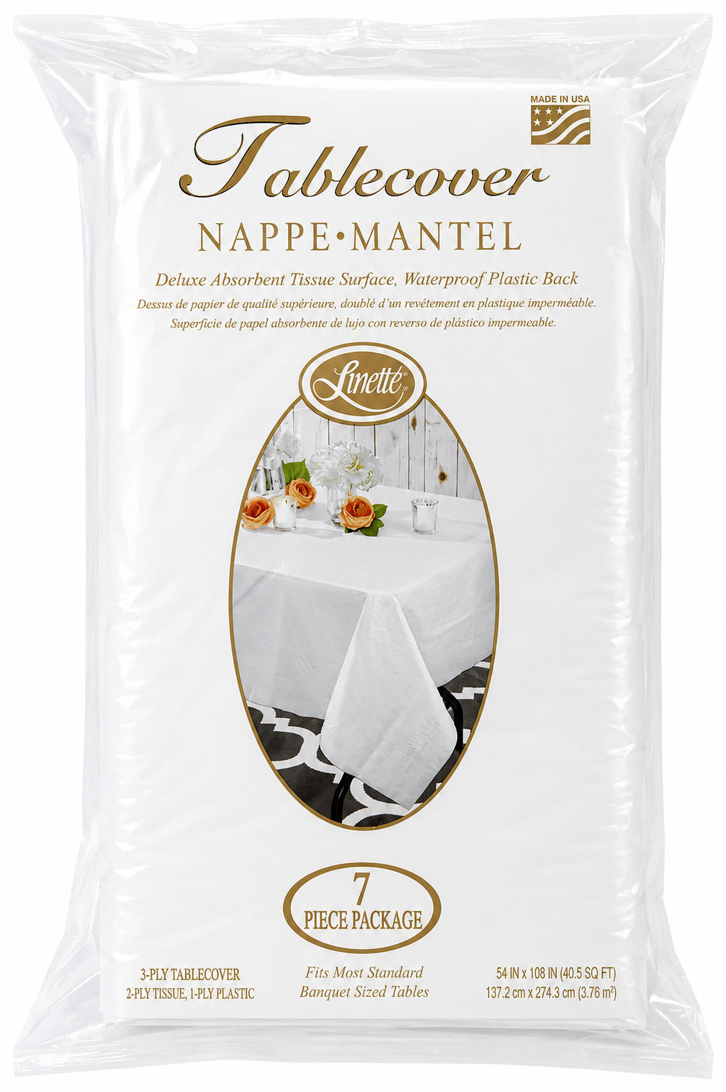 Disposable plastic table covers for events, Linette 7-piece package, waterproof and absorbent for any occasion.