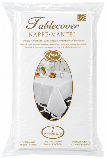 Disposable plastic table covers for events, Linette 7-piece package, waterproof and absorbent for any occasion.