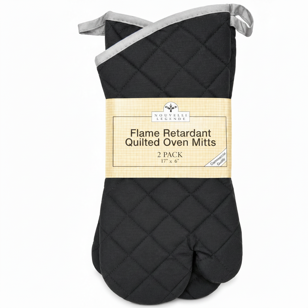Flame retardant oven mitts 2-pack by Nouvelle Legende with quilted design for heat protection.