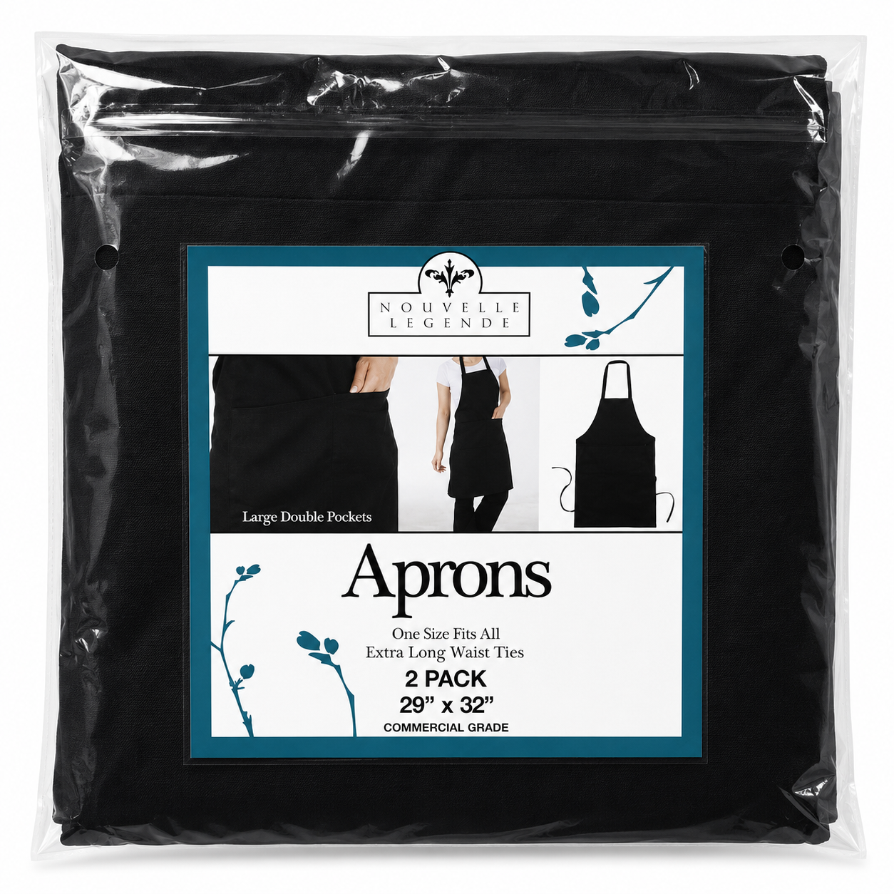 Commercial Grade Kitchen Aprons by Nouvelle Legende in a 2-pack, featuring large double pockets and extra long waist ties.