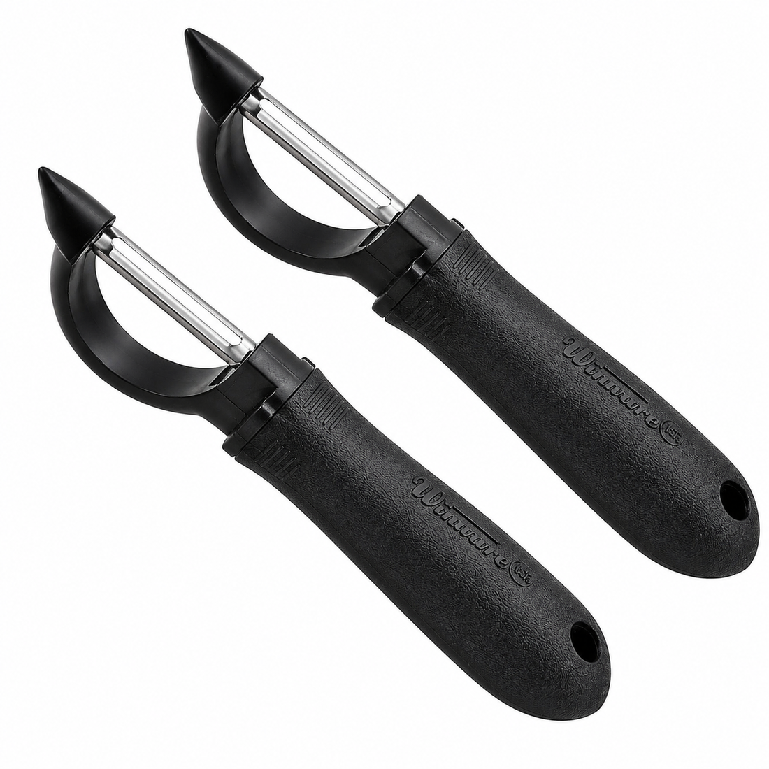Winco Stainless Steel Swivel Vegetable Peelers, 2 pack with non-slip grip for efficient food preparation.