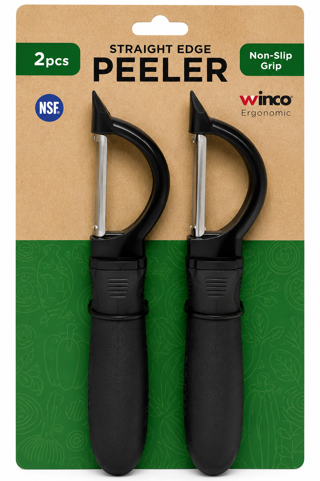 Winco Stainless Steel Swivel Vegetable Peelers, 2 pack with non-slip grip for efficient food preparation.