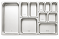 Various sizes of stainless steel steam table pans including 6 inch stainless steel steam table pan by Winco.