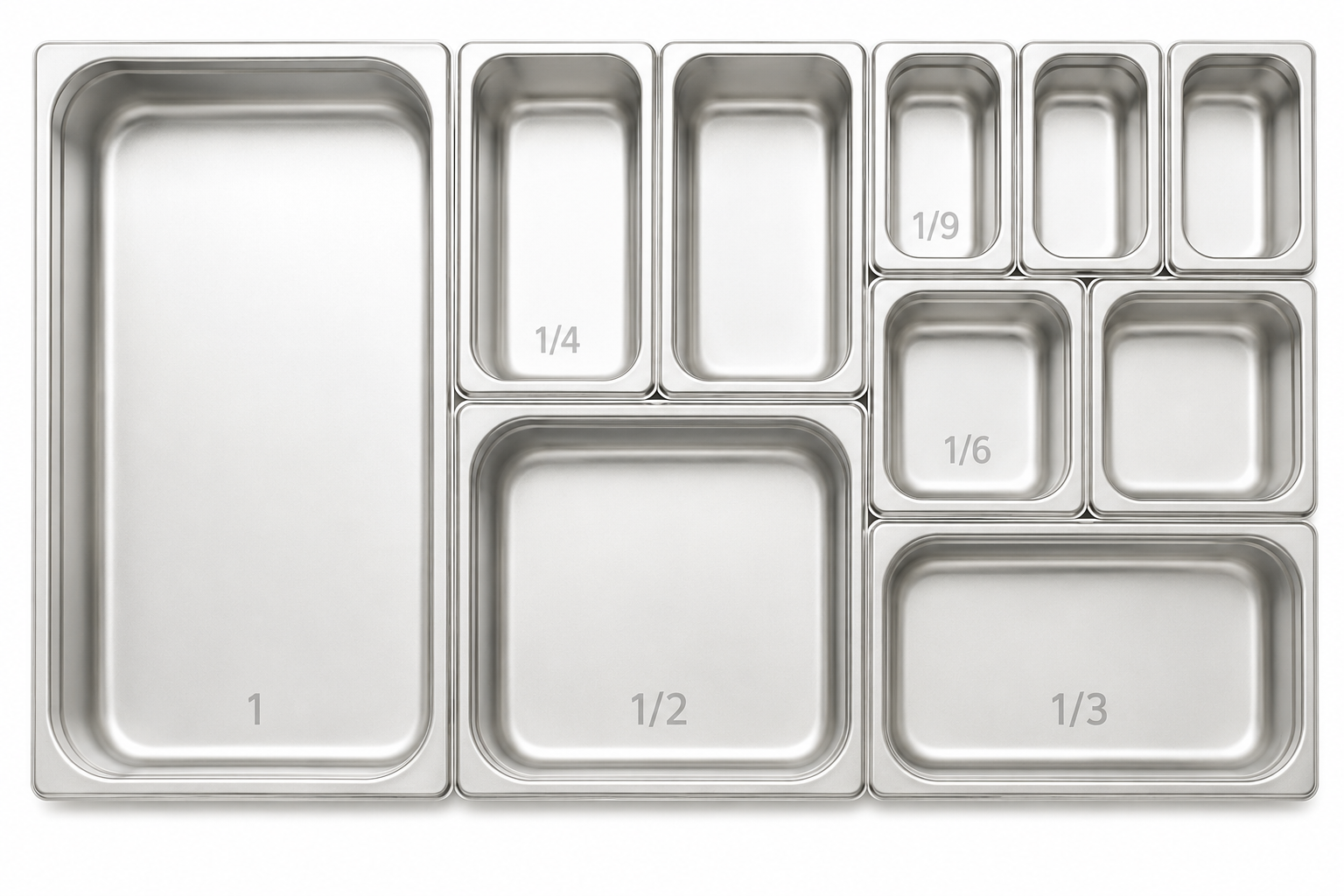 Various sizes of stainless steel steam table pans including 6 inch stainless steel steam table pan by Winco.