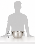 Winco 8 quart stainless steel mixing bowl displayed on a table with measurement details.