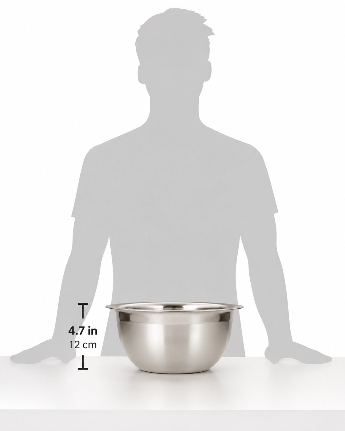 Winco 8 quart stainless steel mixing bowl displayed on a table with measurement details.