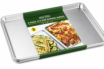 New Star Foodservice heavy duty aluminum sheet pans in a 2-pack, ideal for commercial baking and food preparation.