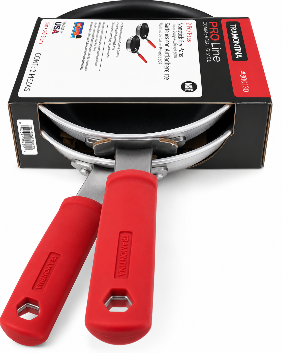 Tramontina Pro Line Commercial Nonstick Fry Pans 2-Pack with red handles and packaging.