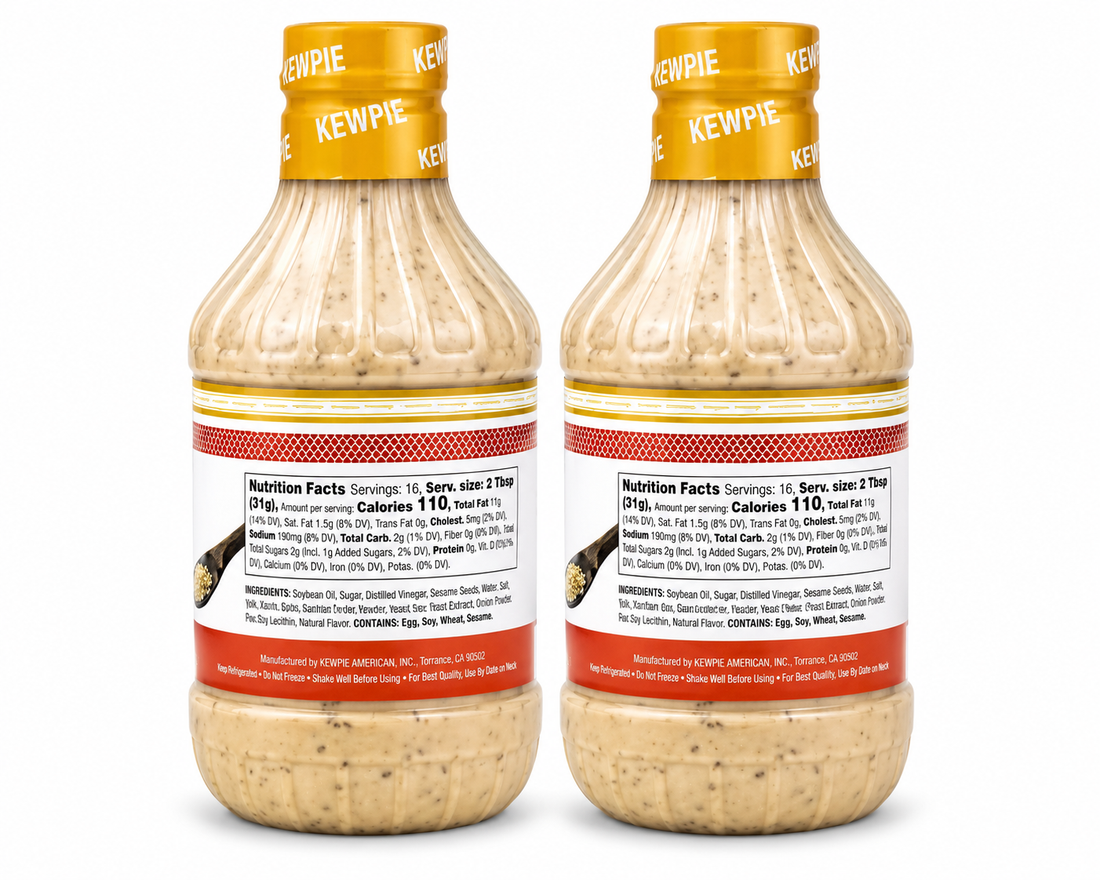 Kewpie sesame dressing in a 2-pack, featuring creamy deep roasted sesame marinade bottles.