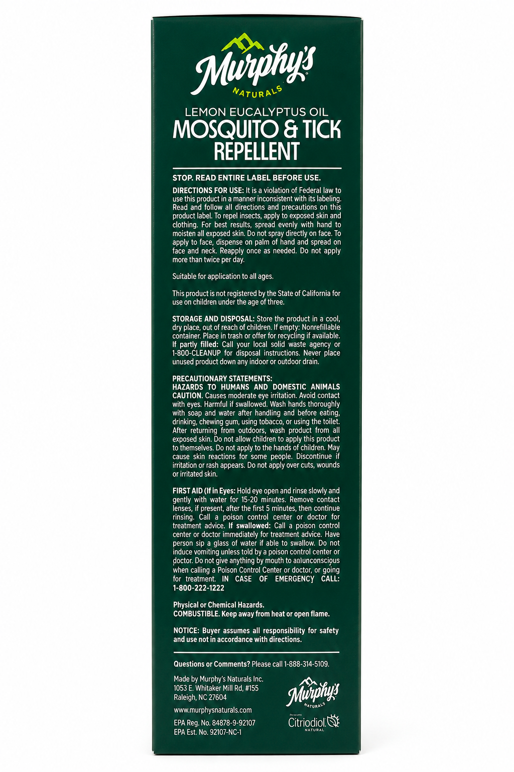 Murphy’s Naturals Mosquito Repellent Spray instructions and precautions label on a green packaging.