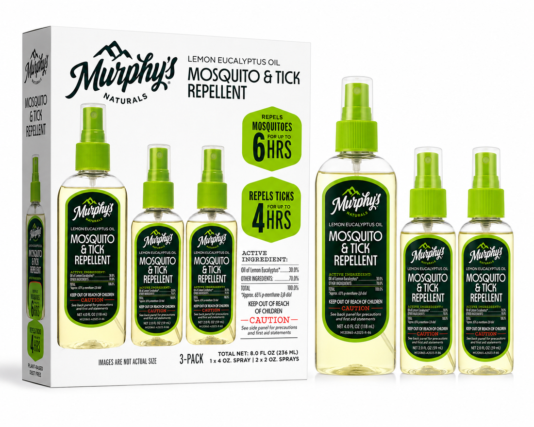 Murphy’s Naturals Mosquito Repellent Spray 3-pack featuring lemon eucalyptus oil for outdoor protection against ticks and mosquitoes.
