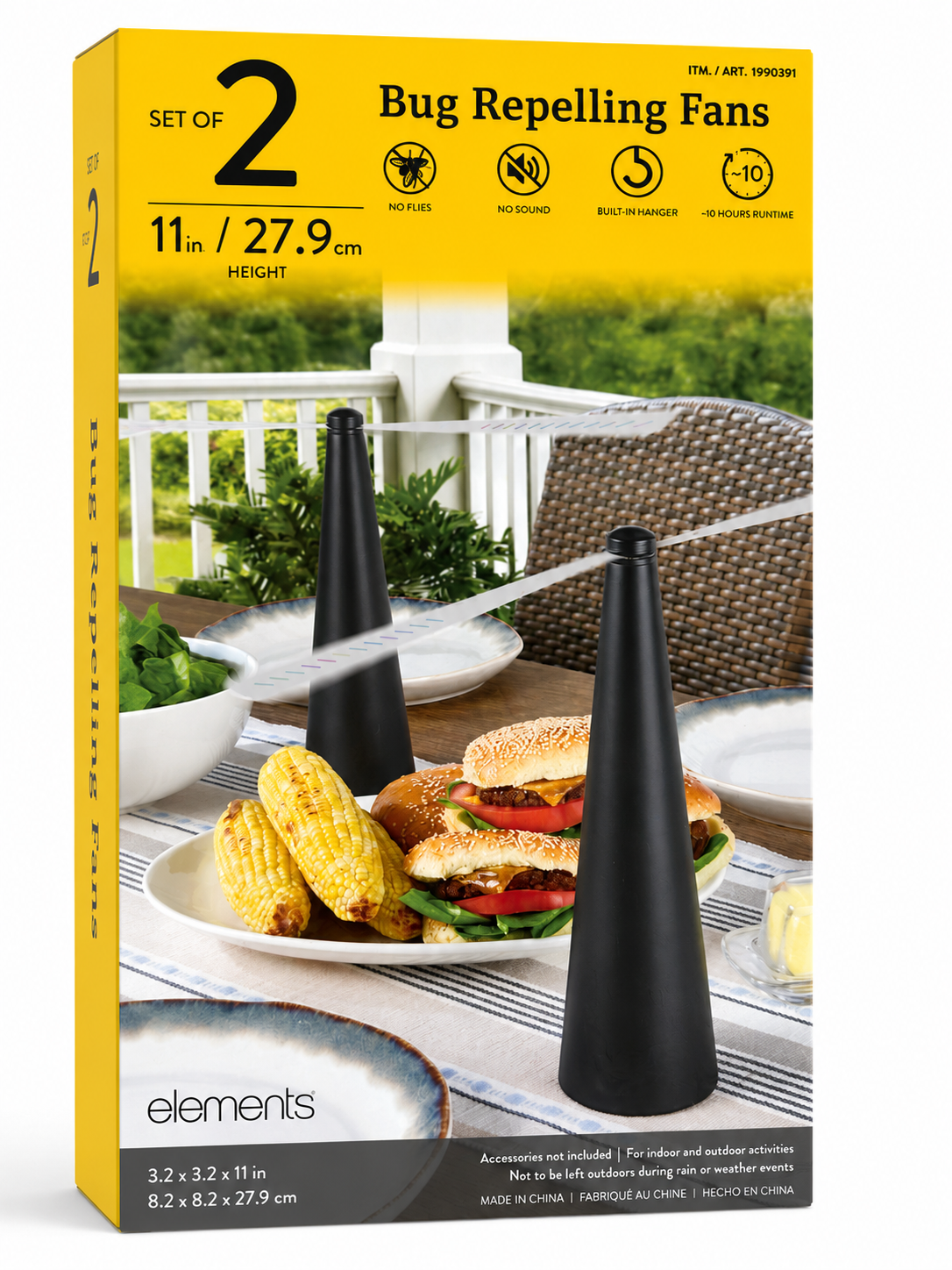 Set of 2 bug repelling fans displayed on a patio table with food, ideal for outdoor gatherings.