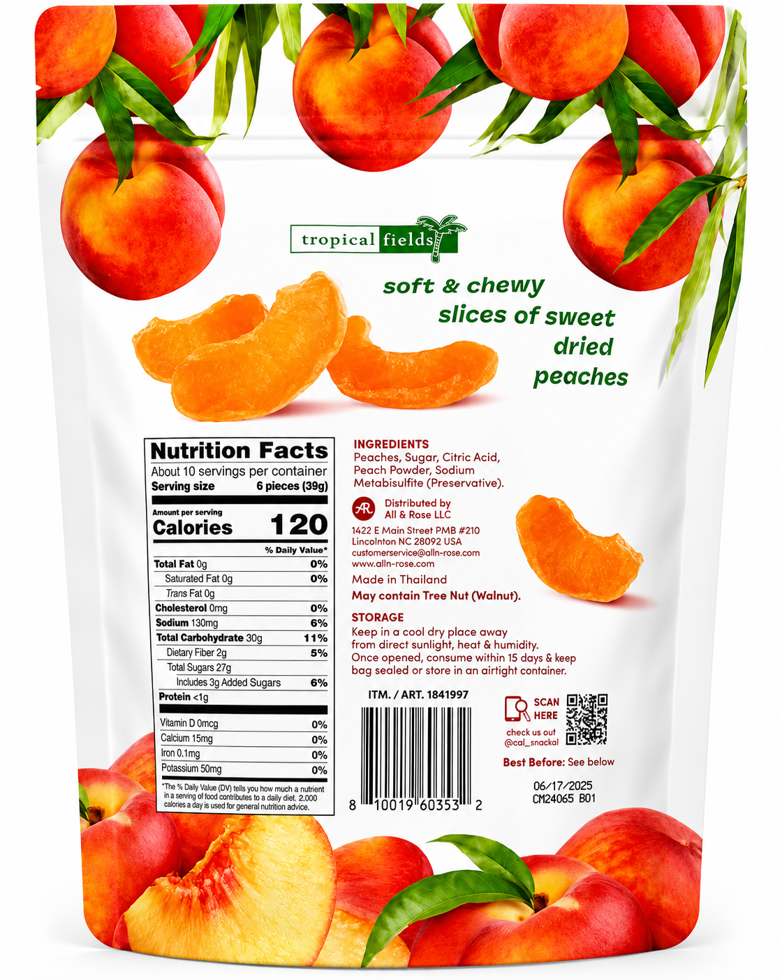 HealthEmpire Tropical Fields dried peaches packaging showing soft and chewy peach slices in a 400g resealable bag.