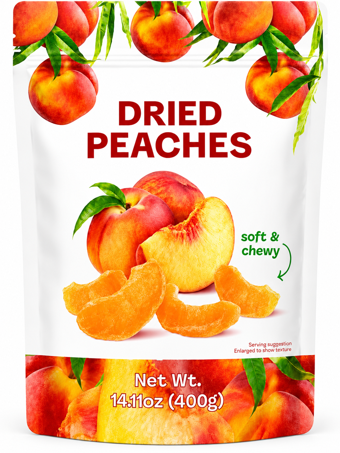 Dried peaches in a resealable 400g pouch featuring soft and chewy slices, perfect for snacking.