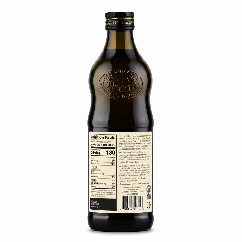 Italian Extra Virgin Olive Oil bottle with nutrition facts, highlighting extra virgin olive oil health benefits.