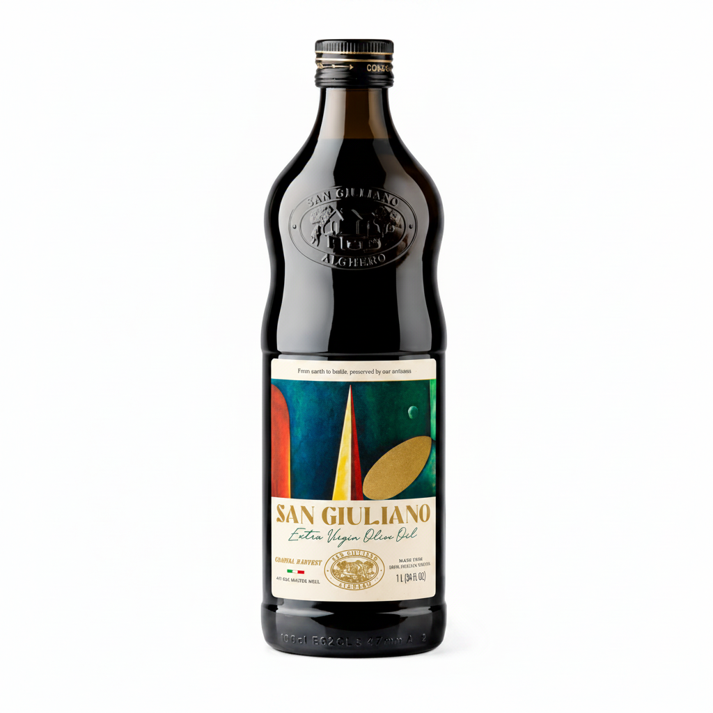 Italian Extra Virgin Olive Oil – San Giuliano EVOO 1L Bottle showcasing its rich appearance and quality.