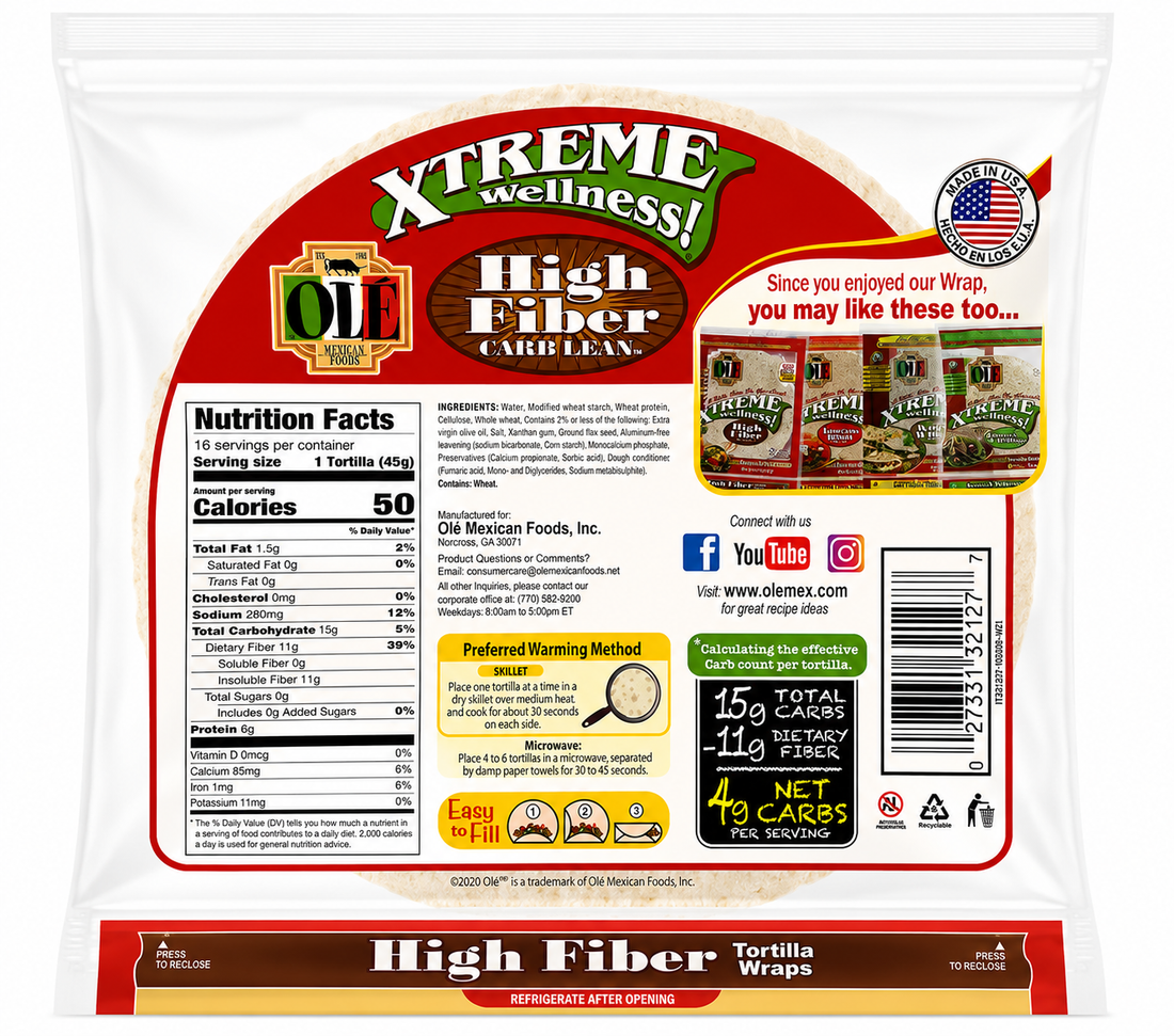 Ole Mexican Foods Xtreme Wellness Low Carb Keto Tortilla Wraps High Fiber 32 Pack Soft 8 Inch Tortillas