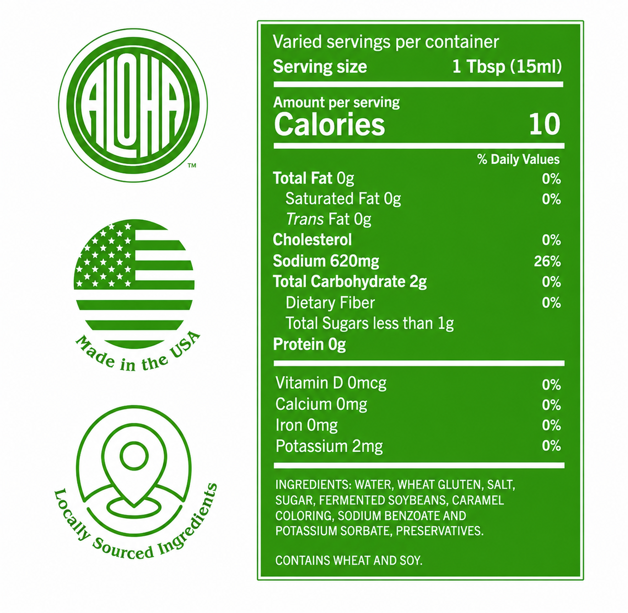 Nutrition label of Hawaiian Soy Sauce by Aloha Shoyu, highlighting calories and locally sourced ingredients.
