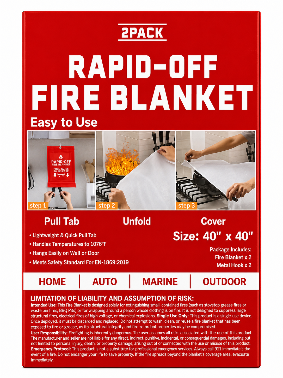 Fire blanket for home - ZPACK Rapid-Off 40" x 40" 2 pack features quick pull tab for easy use.