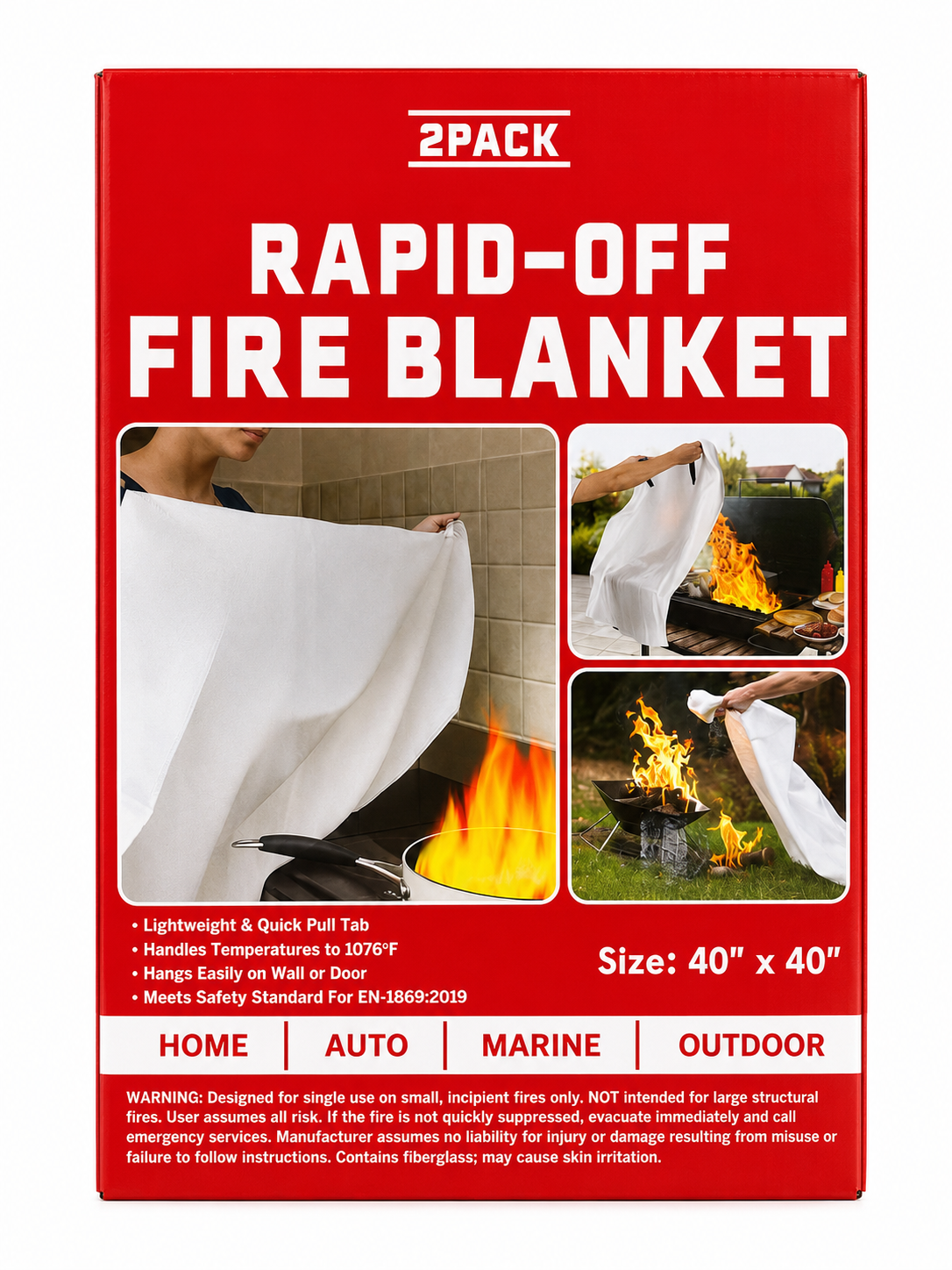 Fire blanket for home by ZPACK Rapid-Off, 2-pack, 40" x 40", lightweight with quick pull tabs for fire emergencies.