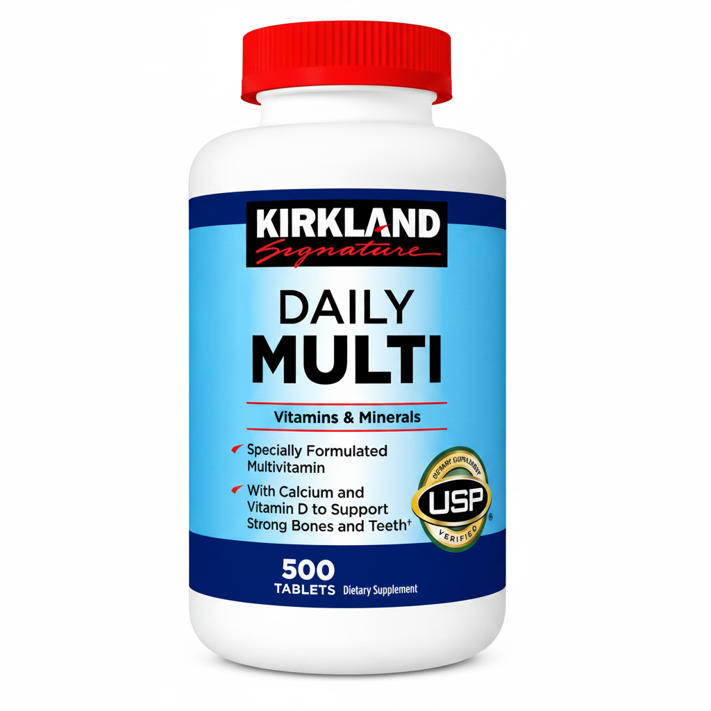 Kirkland Signature Daily Multi 500 Tablets, essential multivitamin with calcium and vitamin D for bone support.