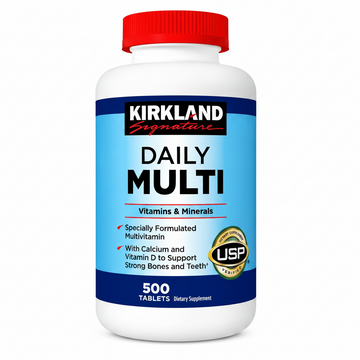 Kirkland Signature Daily Multi 500 Tablets, essential multivitamin with calcium and vitamin D for bone support.